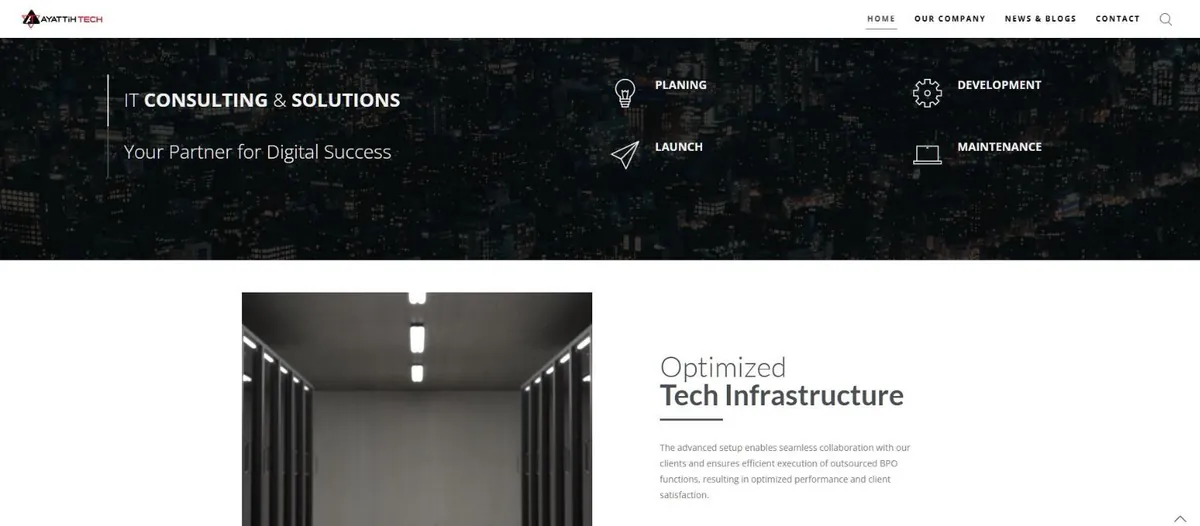 Ayattih Tech website section titled IT consulting and solutions with icons for planning, development, launch and maintenance