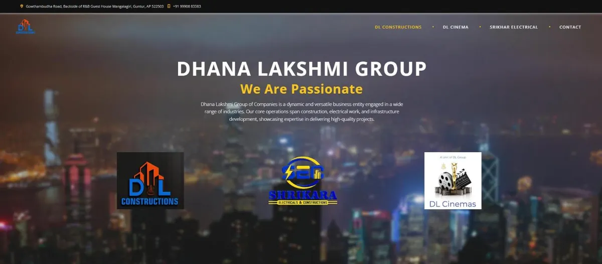 Dhana Lakshmi Group home page with logos for DL Constructions, Shrikara Electricals and DL Cinemas over a city skyline