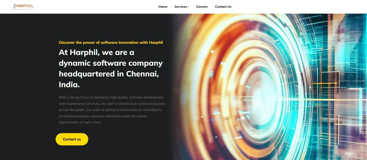 Harphil home page with a dark hero, yellow Contact us button and an abstract technology image
