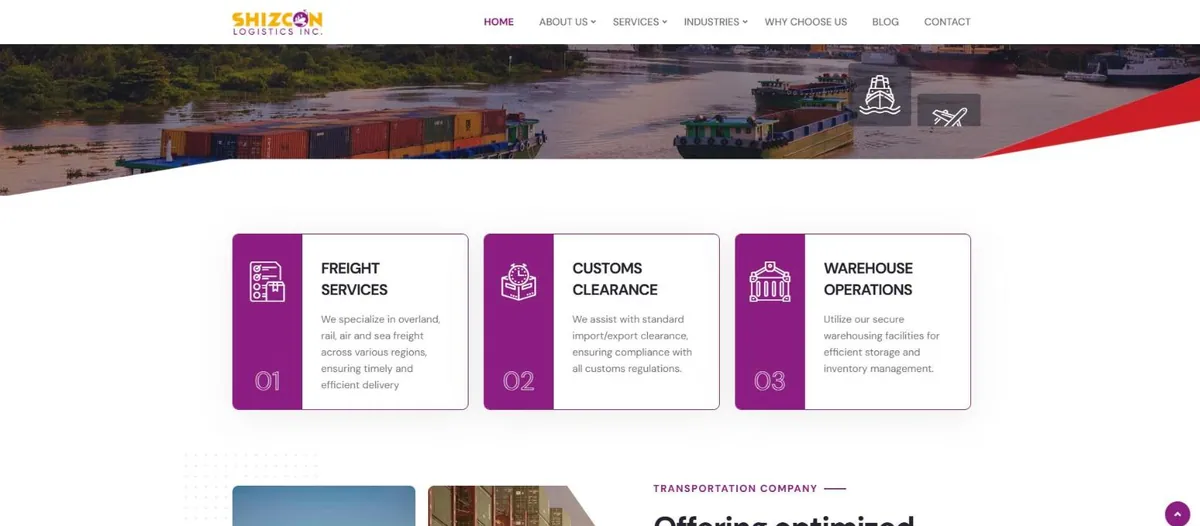 Shizcon Logistics website showing service cards for freight services, customs clearance and warehouse operations