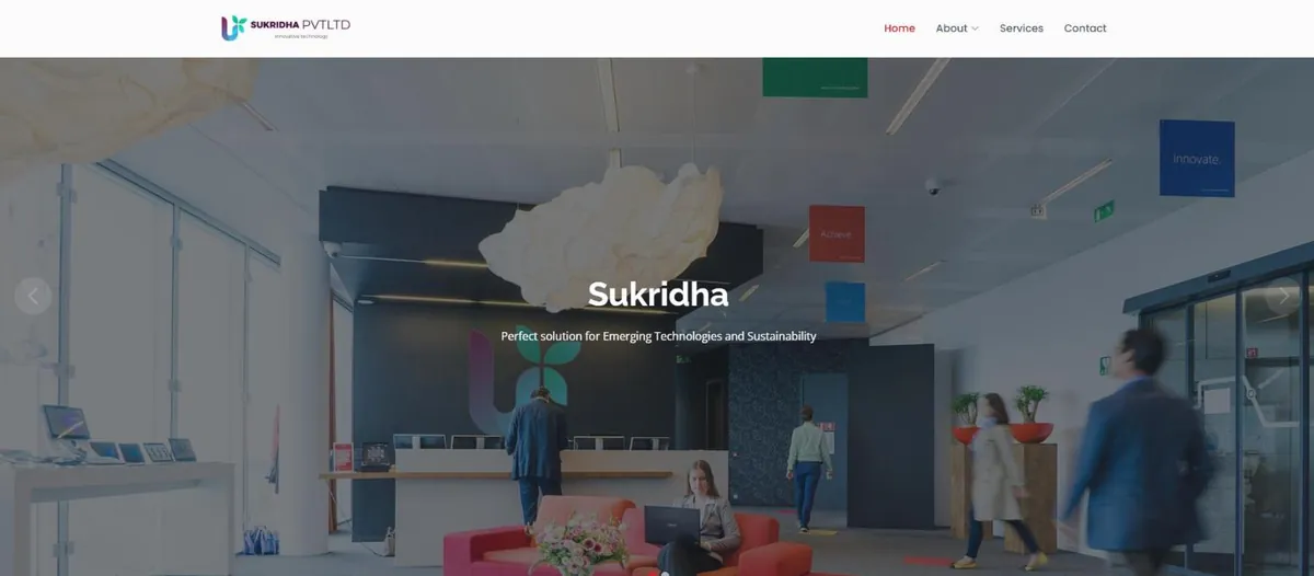 Sukridha home page hero with the line perfect solution for emerging technologies and sustainability over an office photo